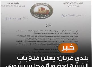 بلدي غريان: يعلن فتح باب الترشح لعضوية مجلس شورى البلدية