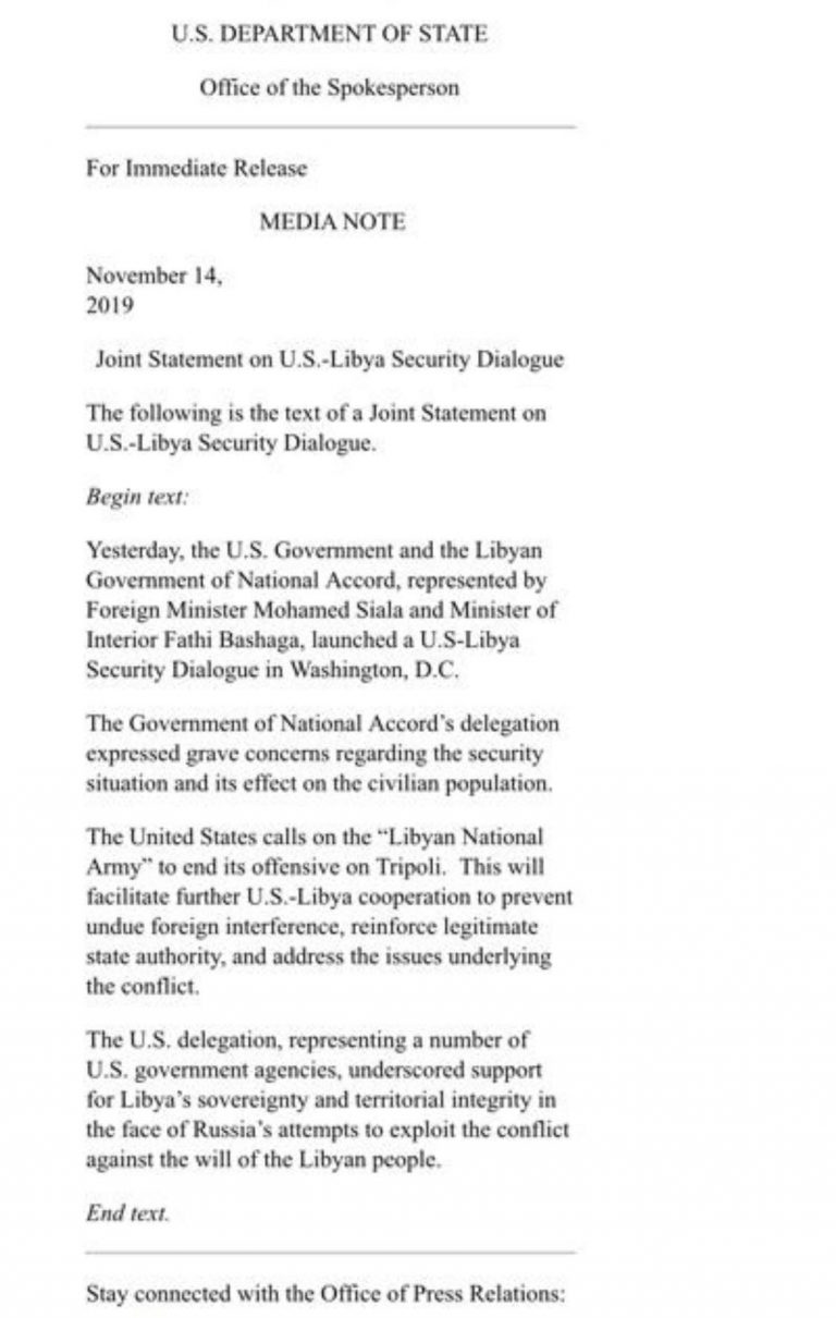 الولايات المتحدة تدعو حفتر لإنهاء عدوانه على طرابلس