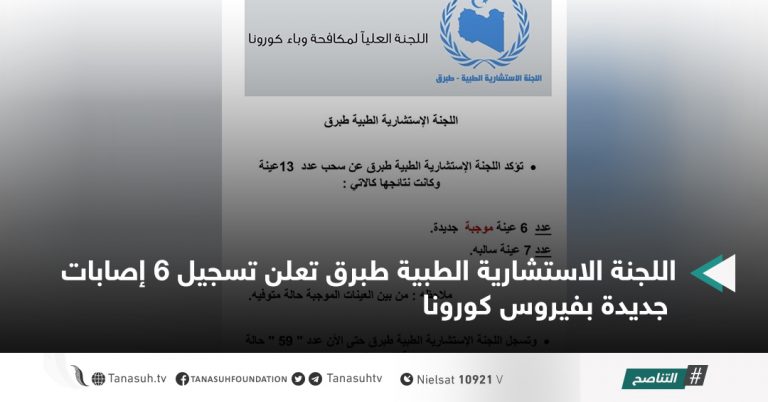 اللجنة الاستشارية الطبية طبرق تعلن تسجيل 6 إصابات جديدة بفيروس كورونا